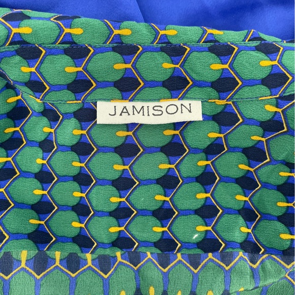 Jamison 100% Silk Shirt Dress with Pockets - Green, Blue & Yellow - Size Small - Picture 9 of 10